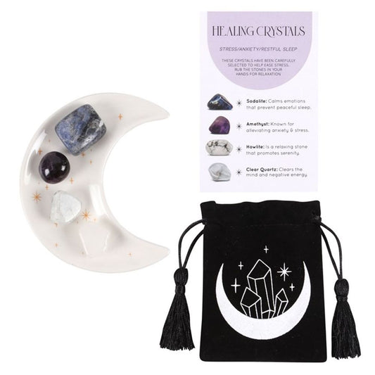 Stress Relieving Crystal Set with Moon Trinket Dish